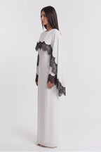 Lace-Trimmed Cape Overlay Modest Maxi Dress-White