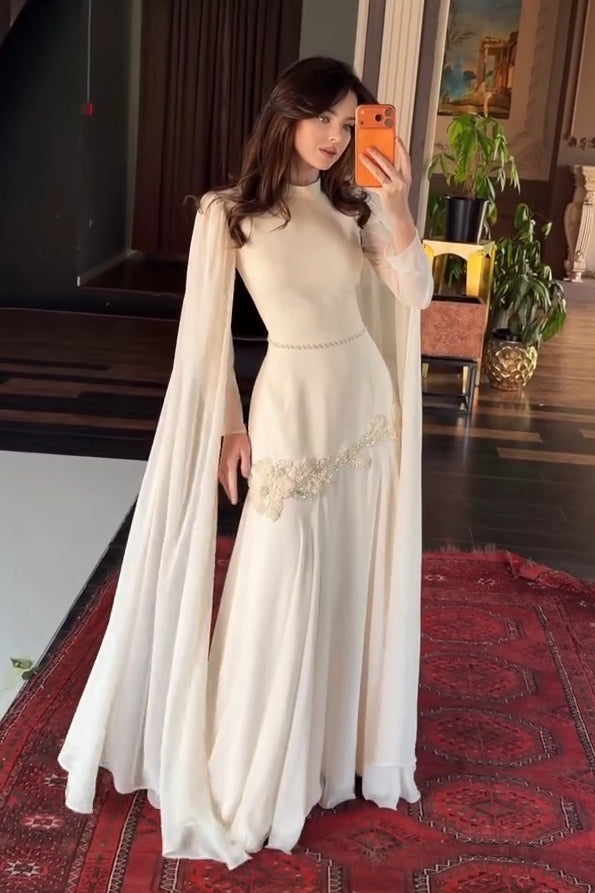 Embellished Hip High-Neck Cape Sleeve Maxi Dress