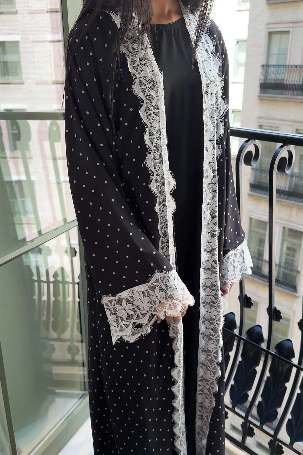 Nadia Lace‑Trimmed Polka‑Dot Abaya Set-Black