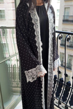 Nadia Lace‑Trimmed Polka‑Dot Abaya Set-Black