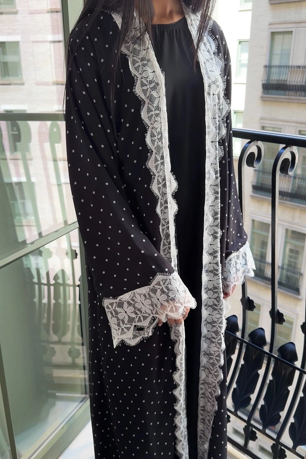 Nadia Lace‑Trimmed Polka‑Dot Abaya Set-Black