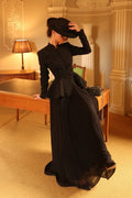 Embellished Peplum Jacket & Pleated Skirt Two-Piece Set-Black
