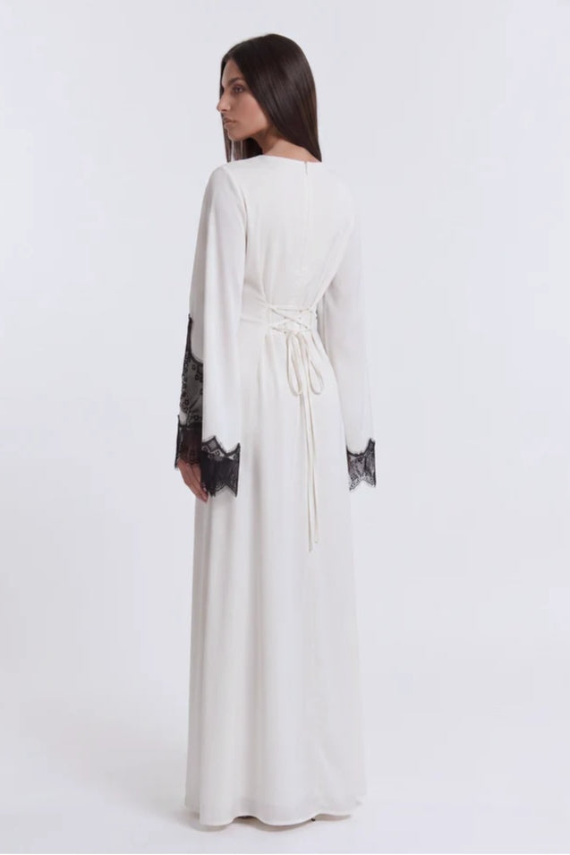 Lace-Trimmed Cape Overlay Modest Maxi Dress-White