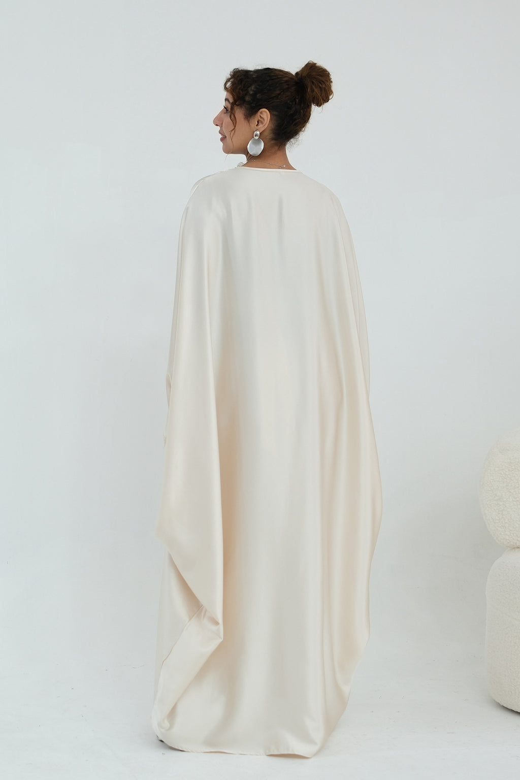 Sara Lace Trim Batwing Satin Abaya-Apricot