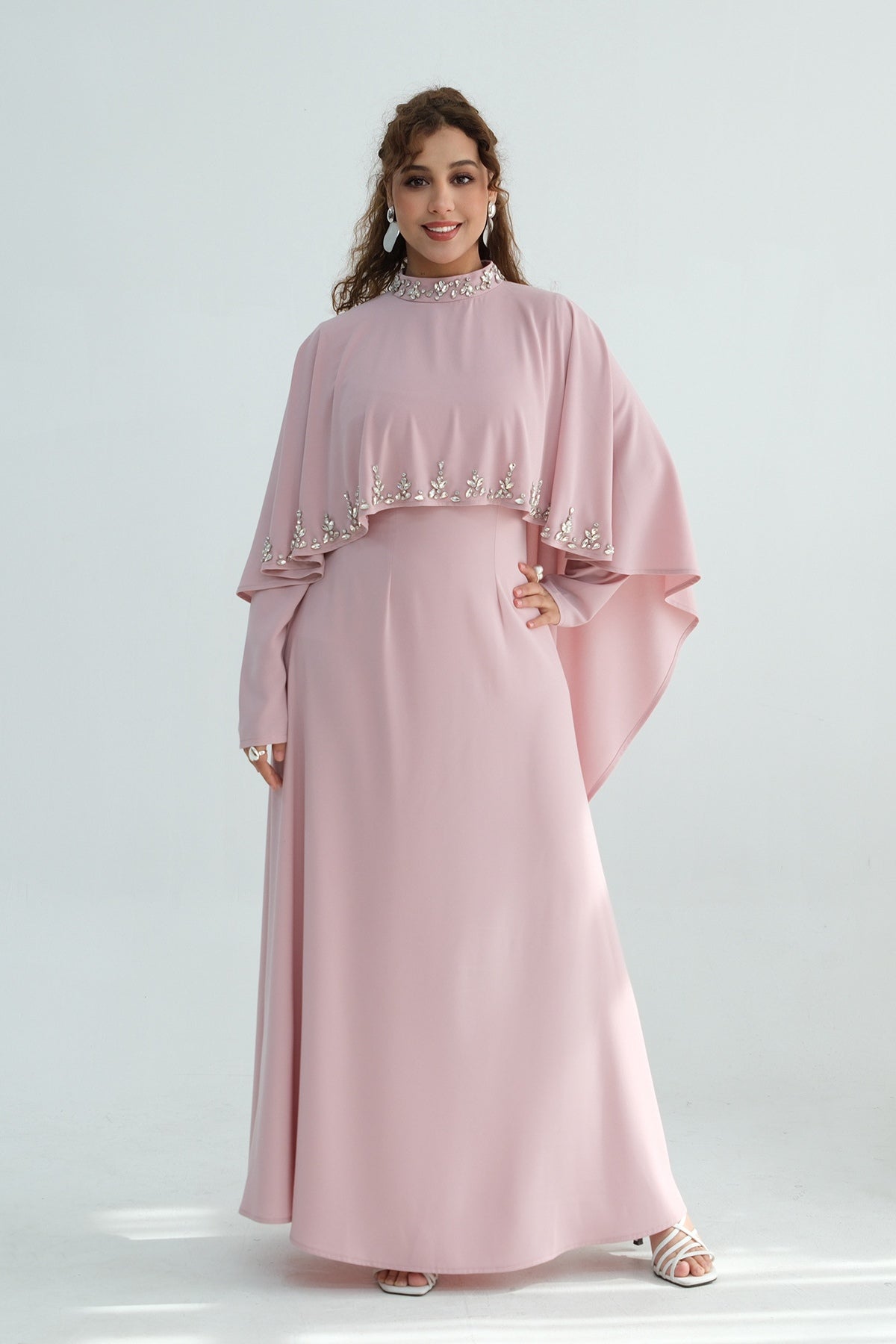Maya Rhinestone Cape Layer Maxi Dress-Pink