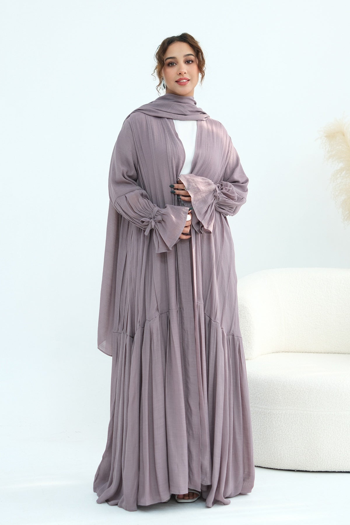 Rahma Tiered Flare Cuff Open Abaya-Purple