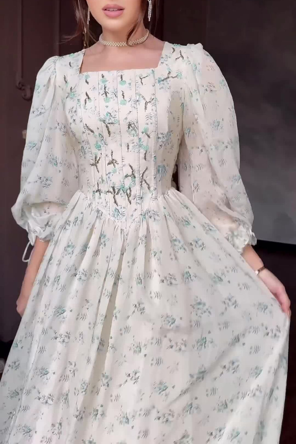Sophia Square Neck Puff Sleeve Floral Maxi Dress-Blue