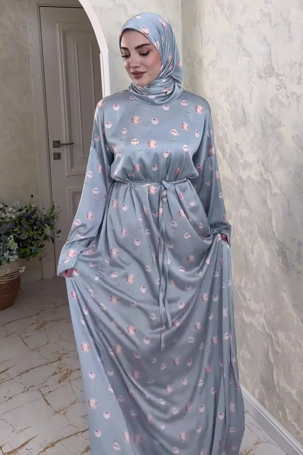 Rima Floral Print Tie Waist Abaya Hijab Set-Blue