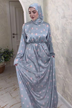 Rima Floral Print Tie Waist Abaya Hijab Set-Blue