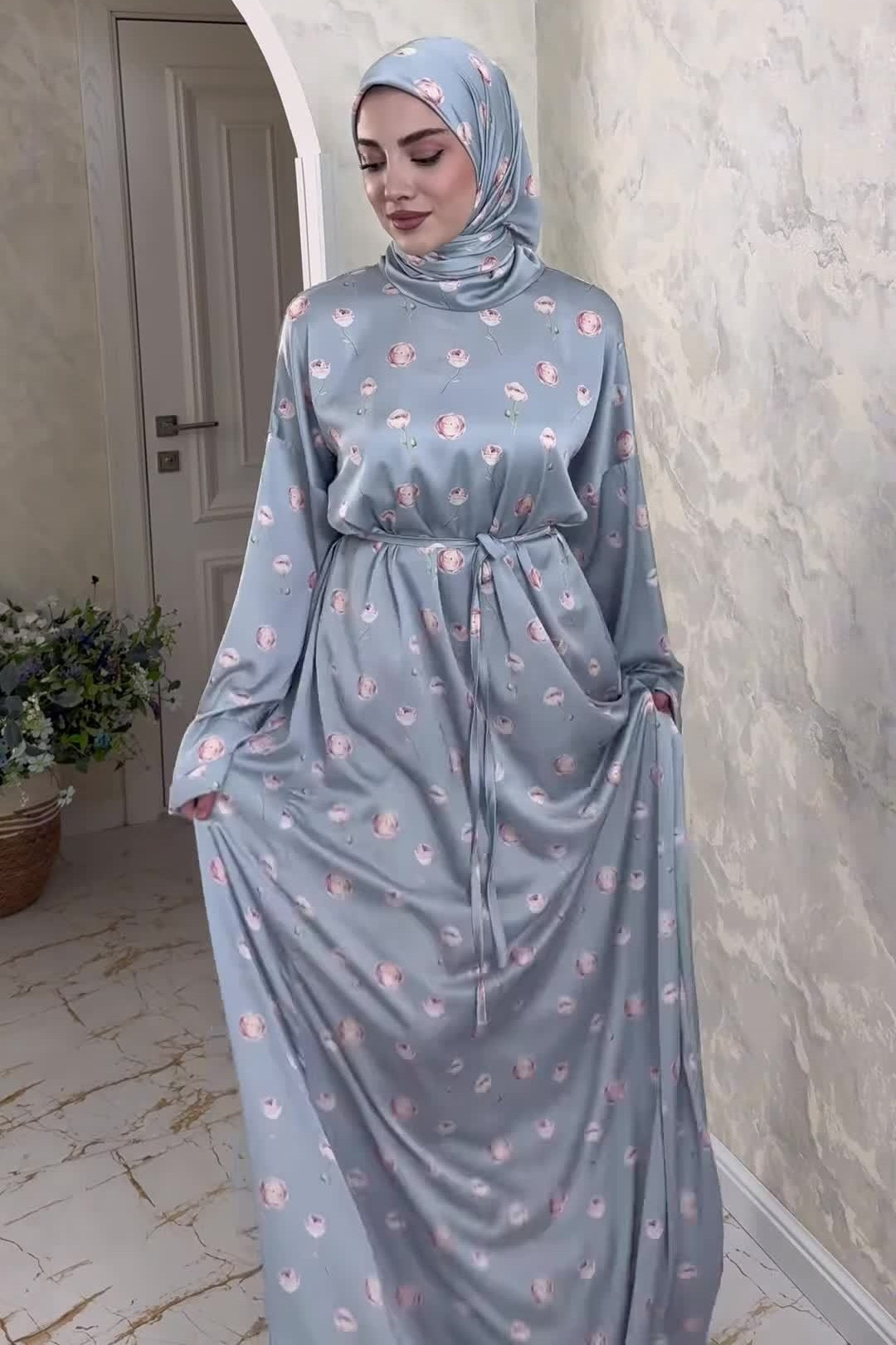 Rima Floral Print Tie Waist Abaya Hijab Set-Blue