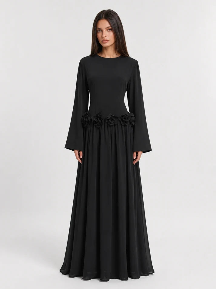 Amaya Flowerfall Gown -Black