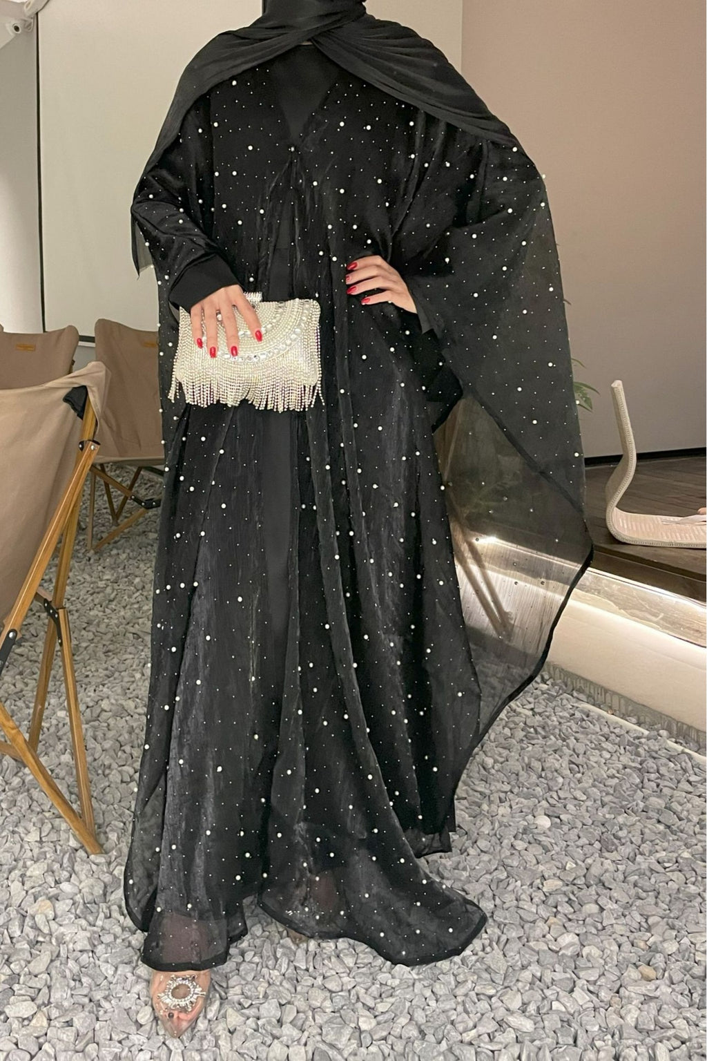 Nur Pearl Draped Two-Piece Abaya-Black