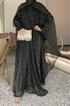 Nur Pearl Draped Two-Piece Abaya-Black