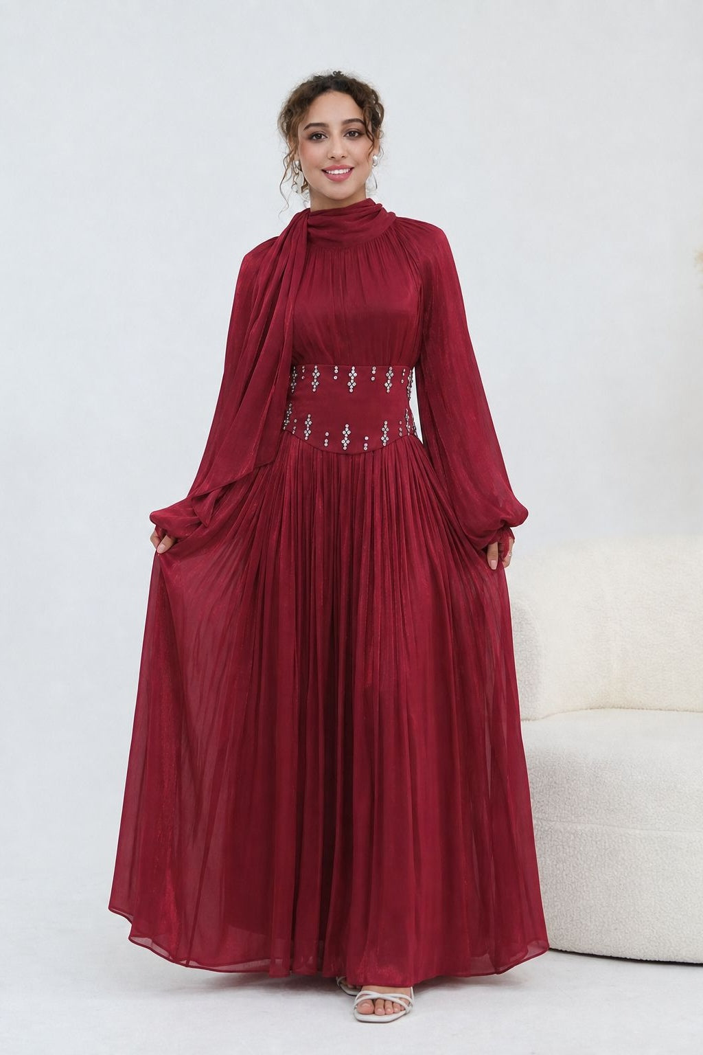 Rania Beaded Waist Shimmer Maxi-Red