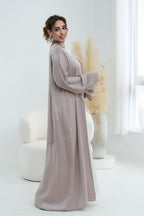 Basma Lace Cuff Stand Collar Long Abaya-Grey