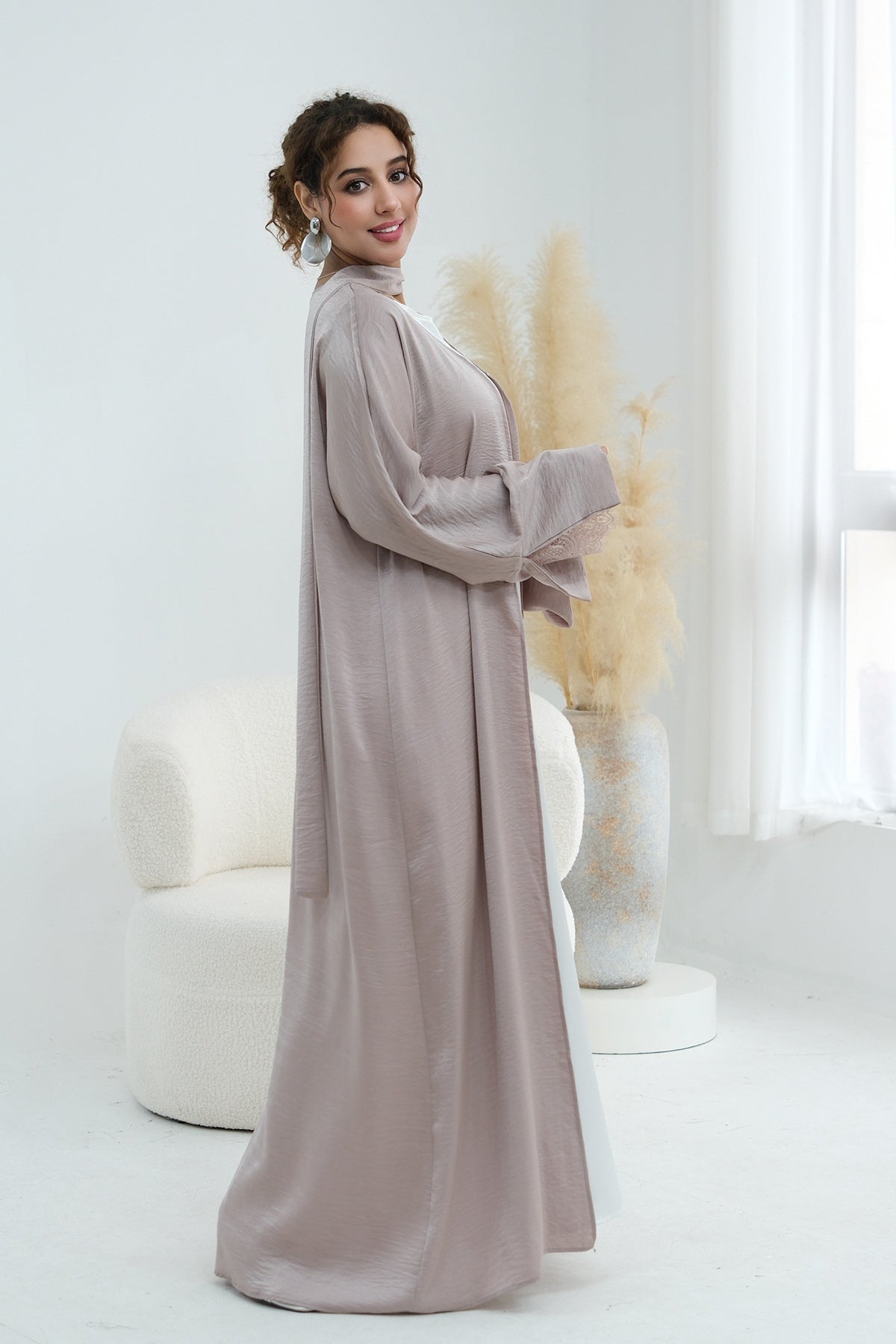 Basma Lace Cuff Stand Collar Long Abaya-Grey