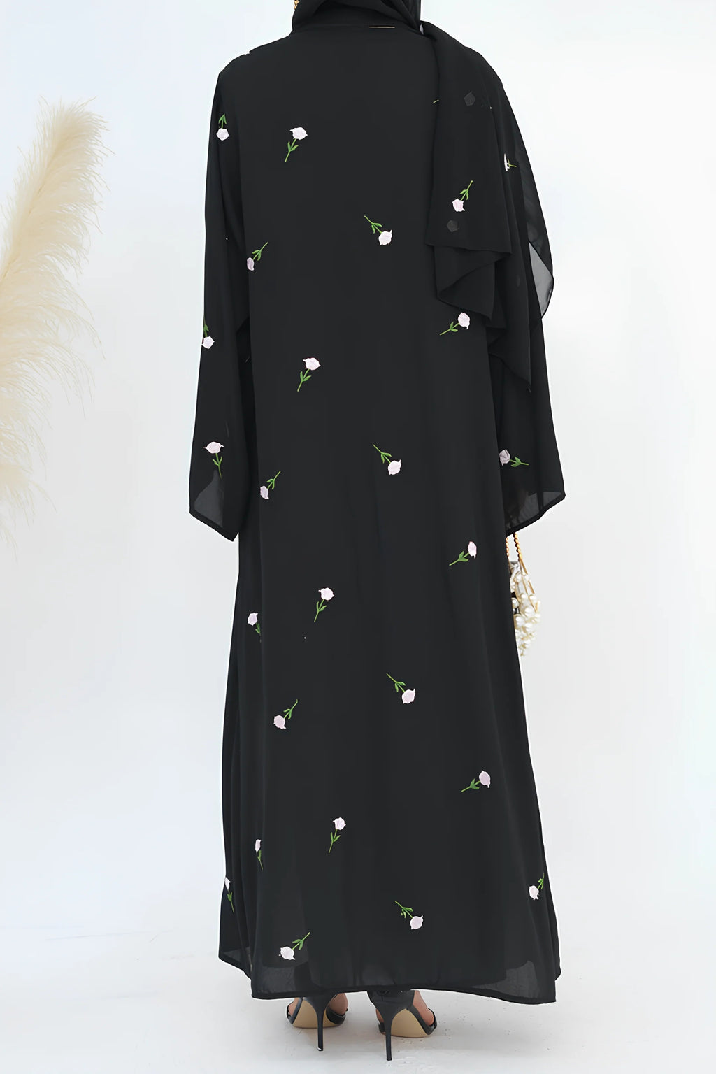 Floral Embroidered Abaya & Hijab Set-Black