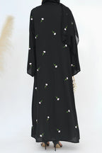 Floral Embroidered Abaya & Hijab Set-Black