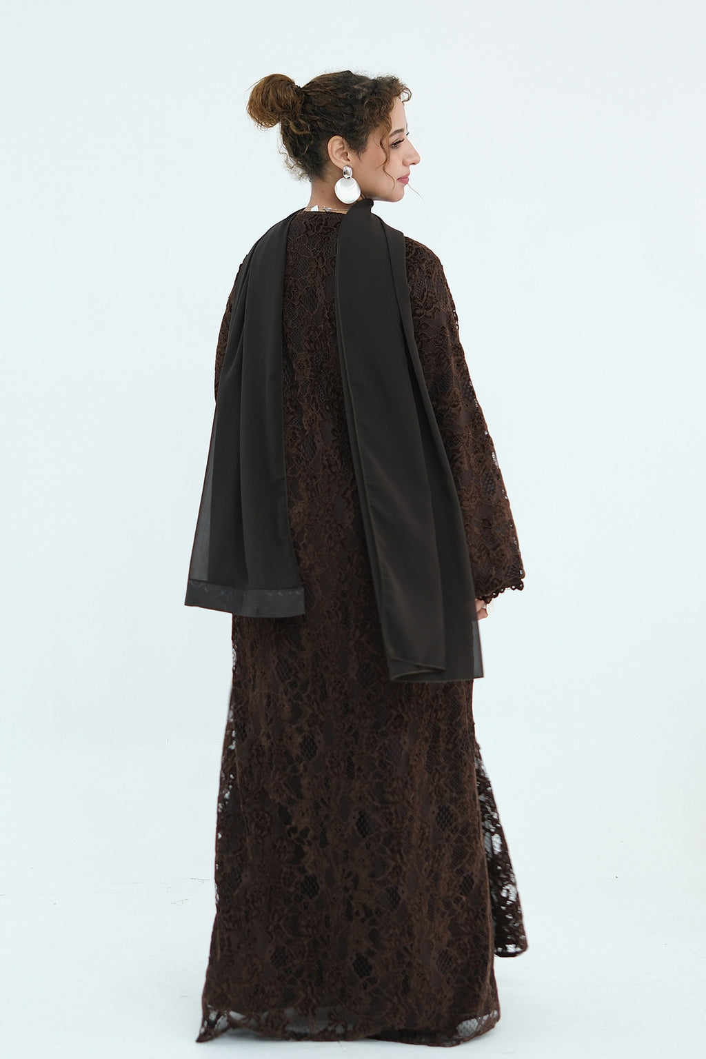 Nurul Floral Lace Open Front Long Abaya-Coffee