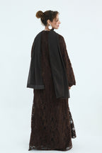 Nurul Floral Lace Open Front Long Abaya-Coffee