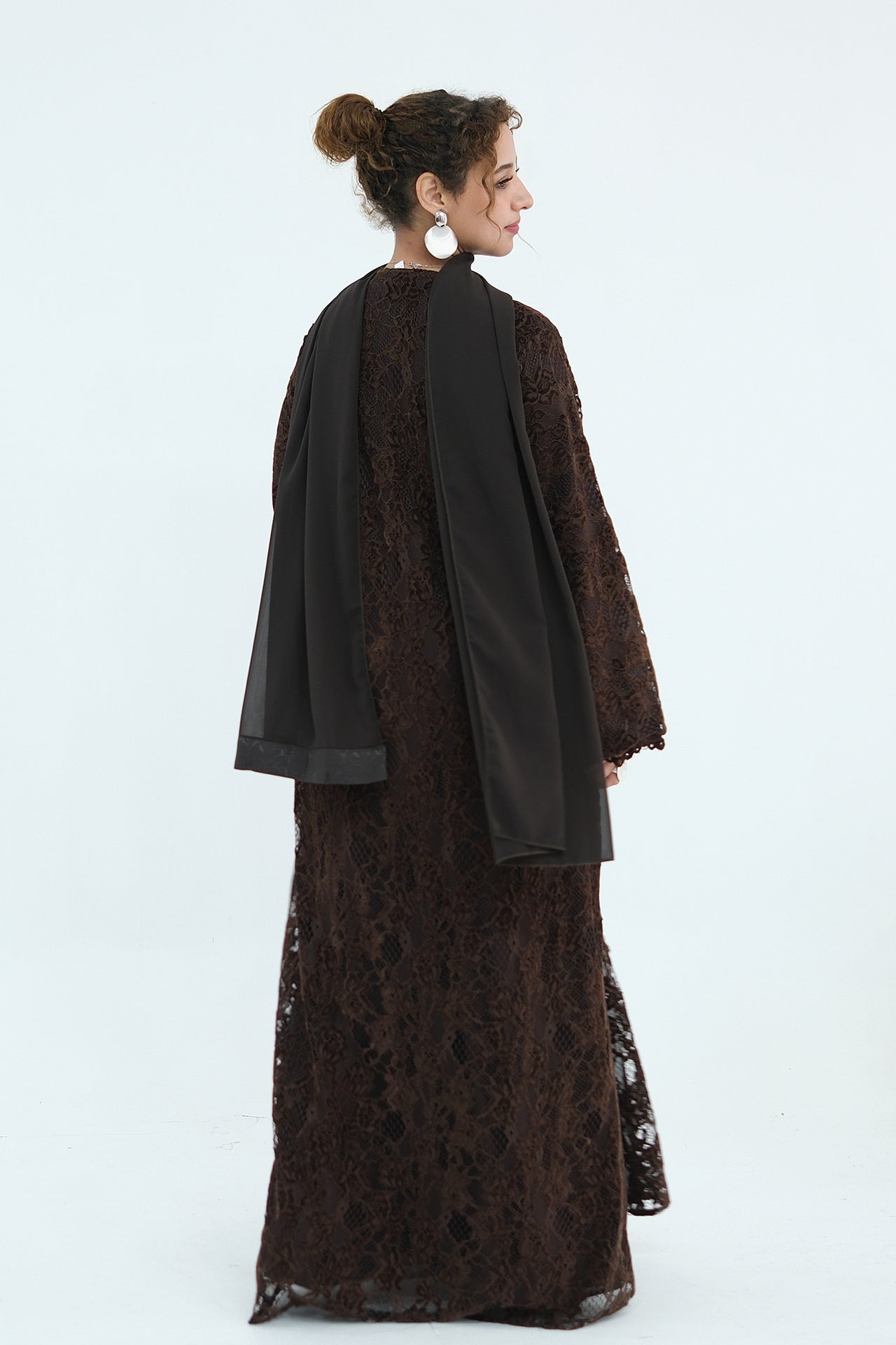 Nurul Floral Lace Open Front Long Abaya-Coffee