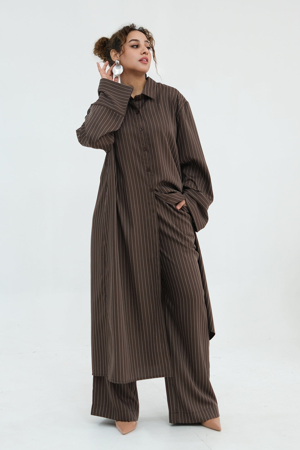 Muna Striped Shirt Long Two Piece Set-Coffee