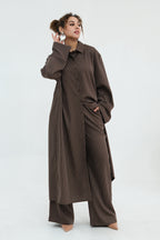 Muna Striped Shirt Long Two Piece Set-Coffee