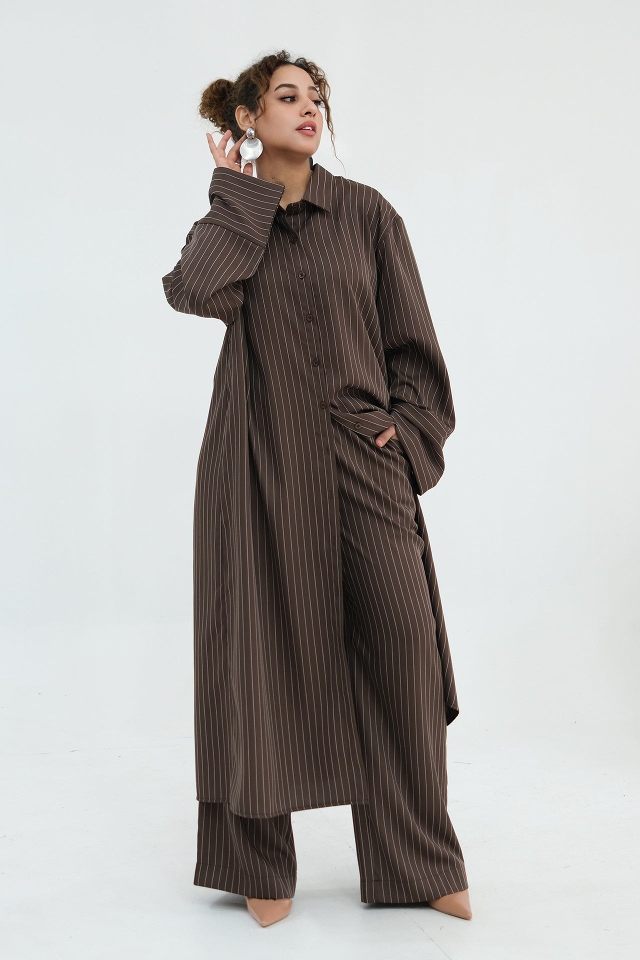 Muna Striped Shirt Long Two Piece Set-Coffee