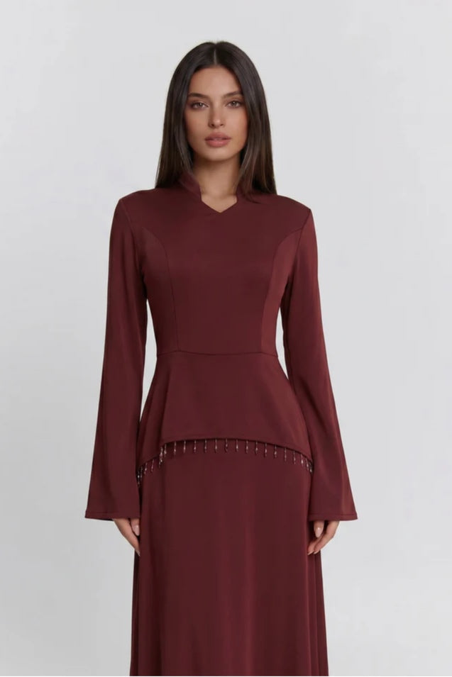 Nur V Neck Beaded Two Piece Abaya-Red