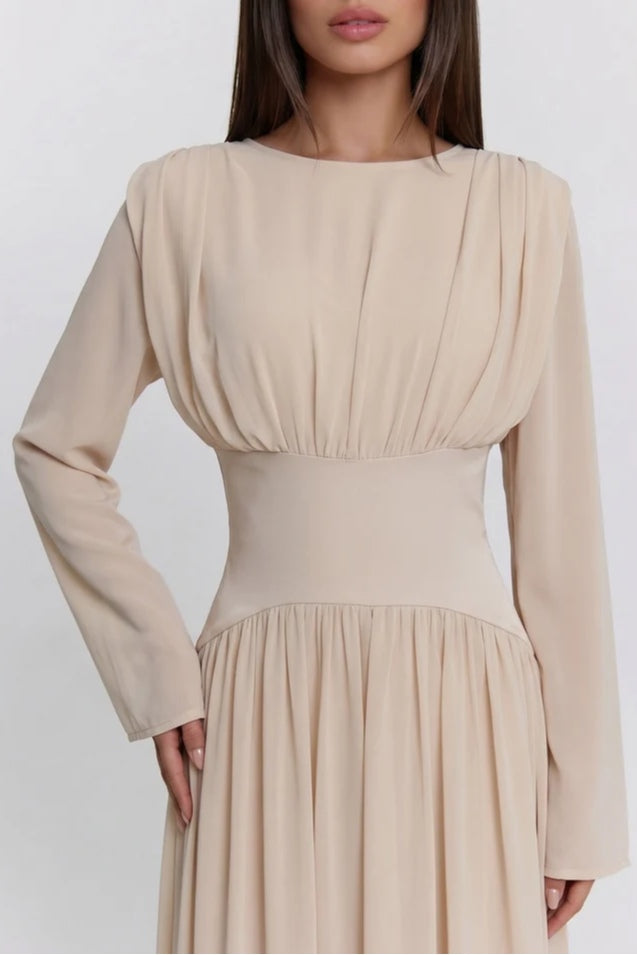 Iris Gathered Waist Flare Sleeve Maxi Dress-Apricot