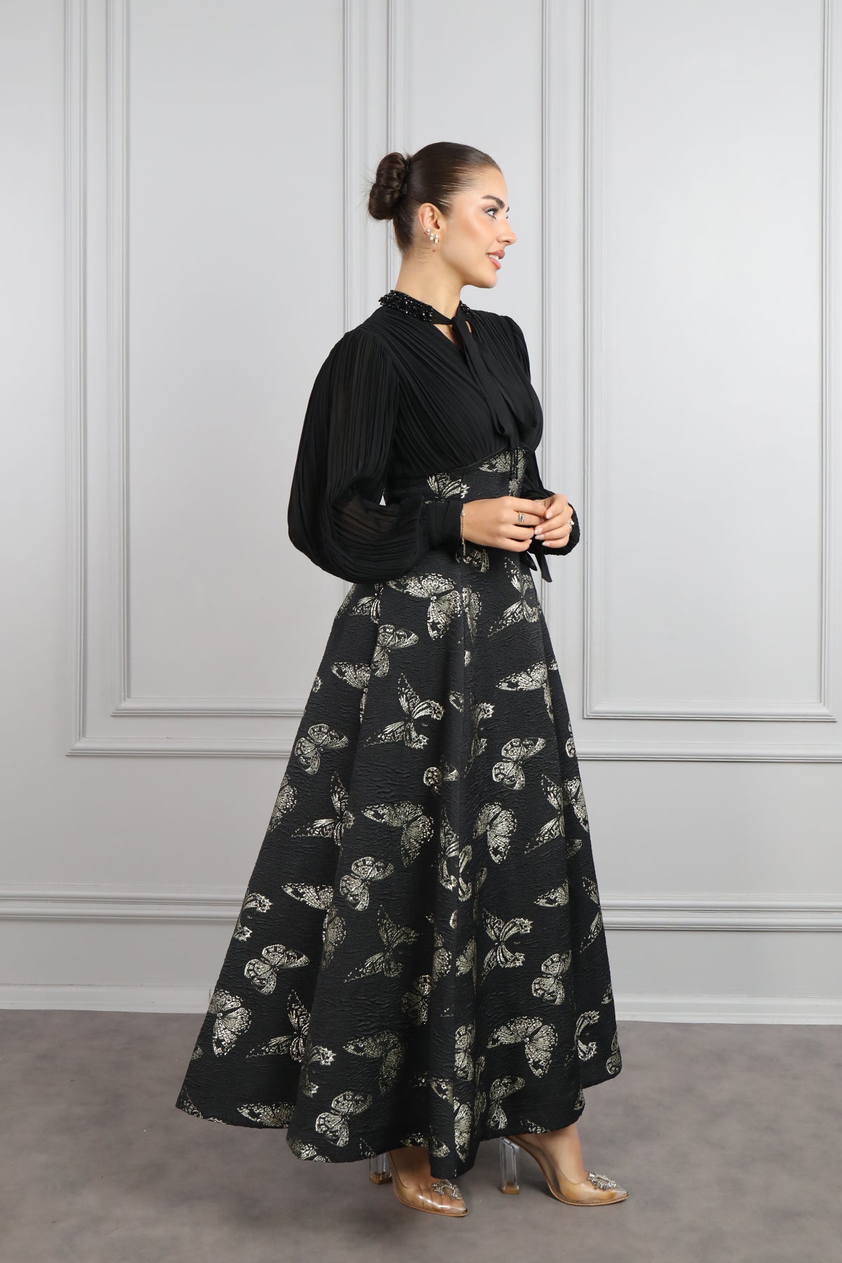 Elegant Gold-Stamped Romantic Long Sleeve Maxi Dress-Black