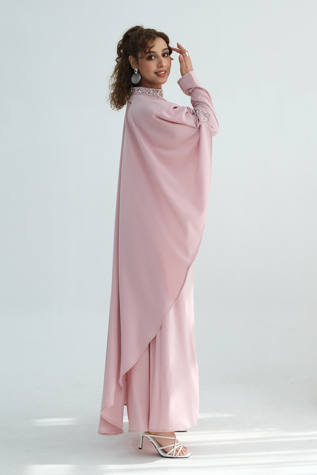 Maya Rhinestone Cape Layer Maxi Dress-Pink