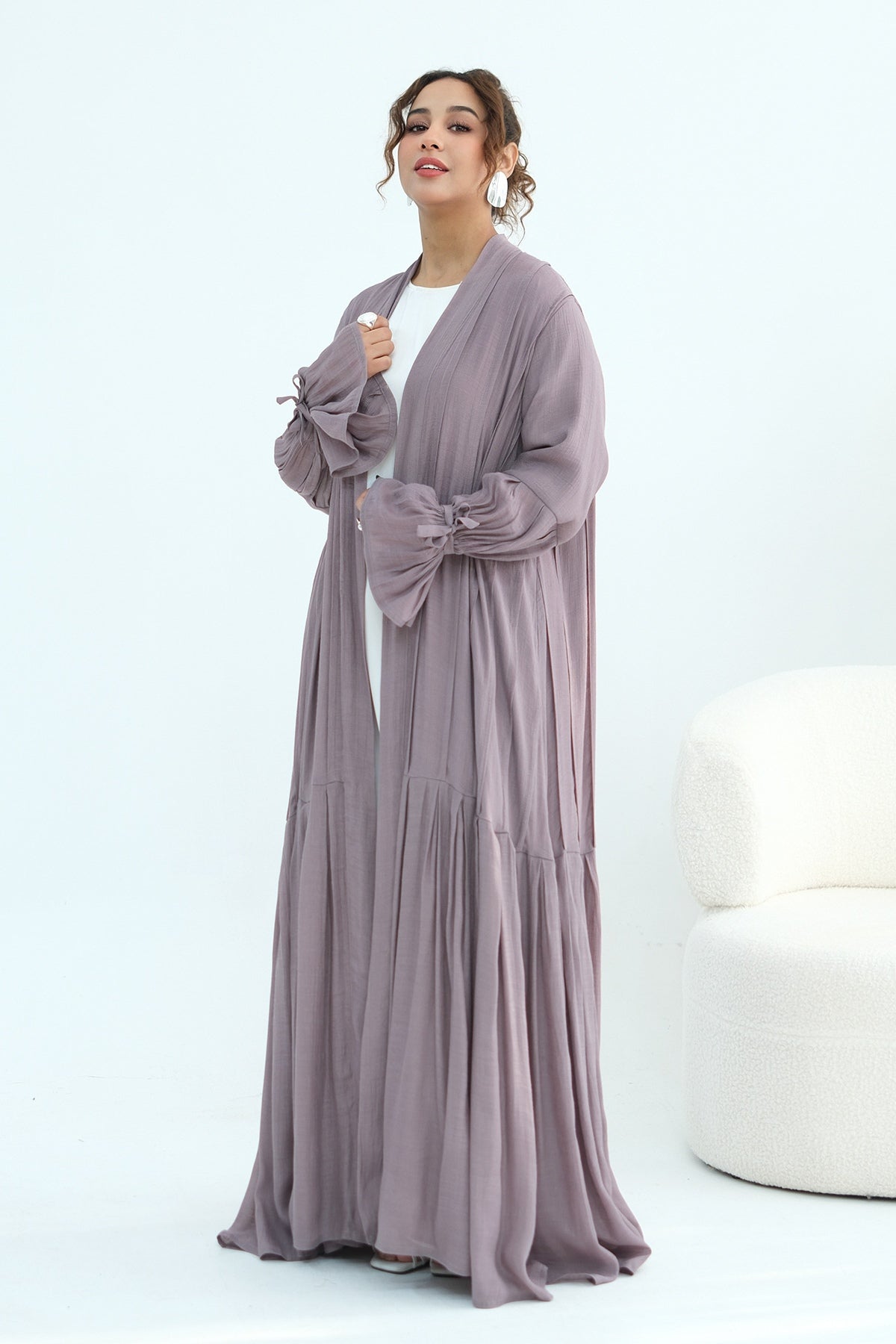 Rahma Tiered Flare Cuff Open Abaya-Purple