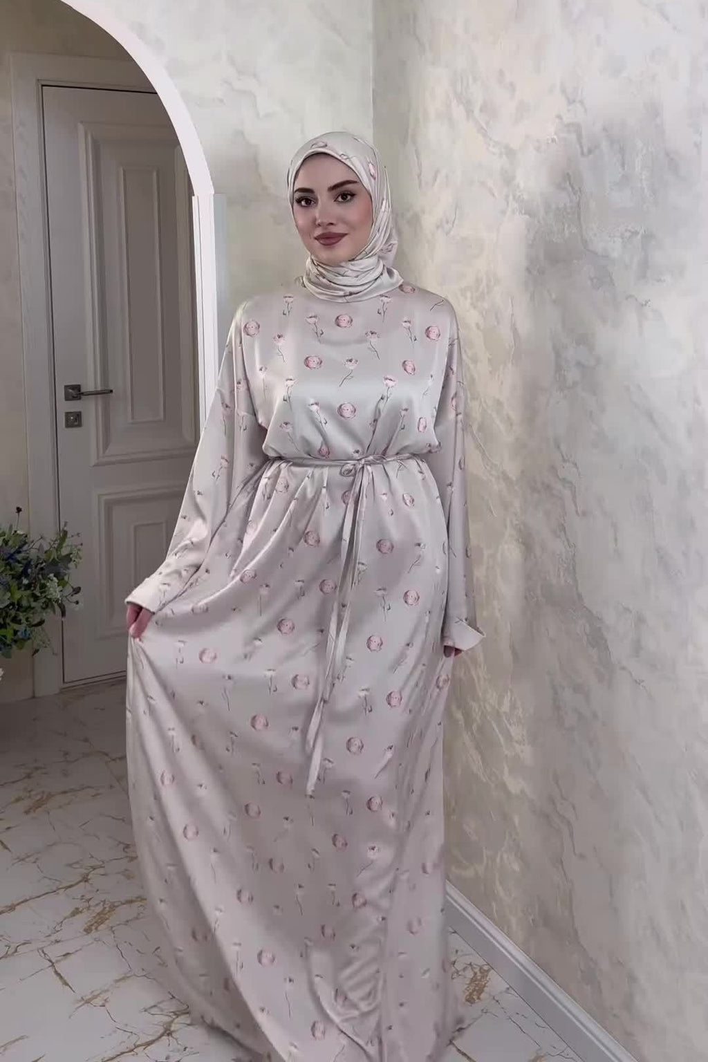 Rima Floral Print Tie Waist Abaya Hijab Set-Grey