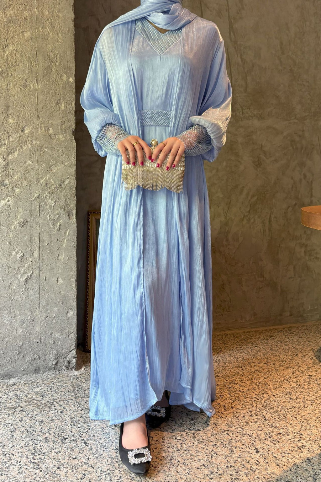 Sara Rhinestone Cuff Two-Piece Abaya-Blue