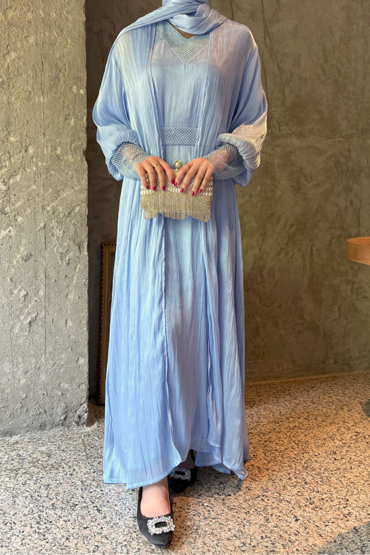 Sara Rhinestone Cuff Two-Piece Abaya-Blue
