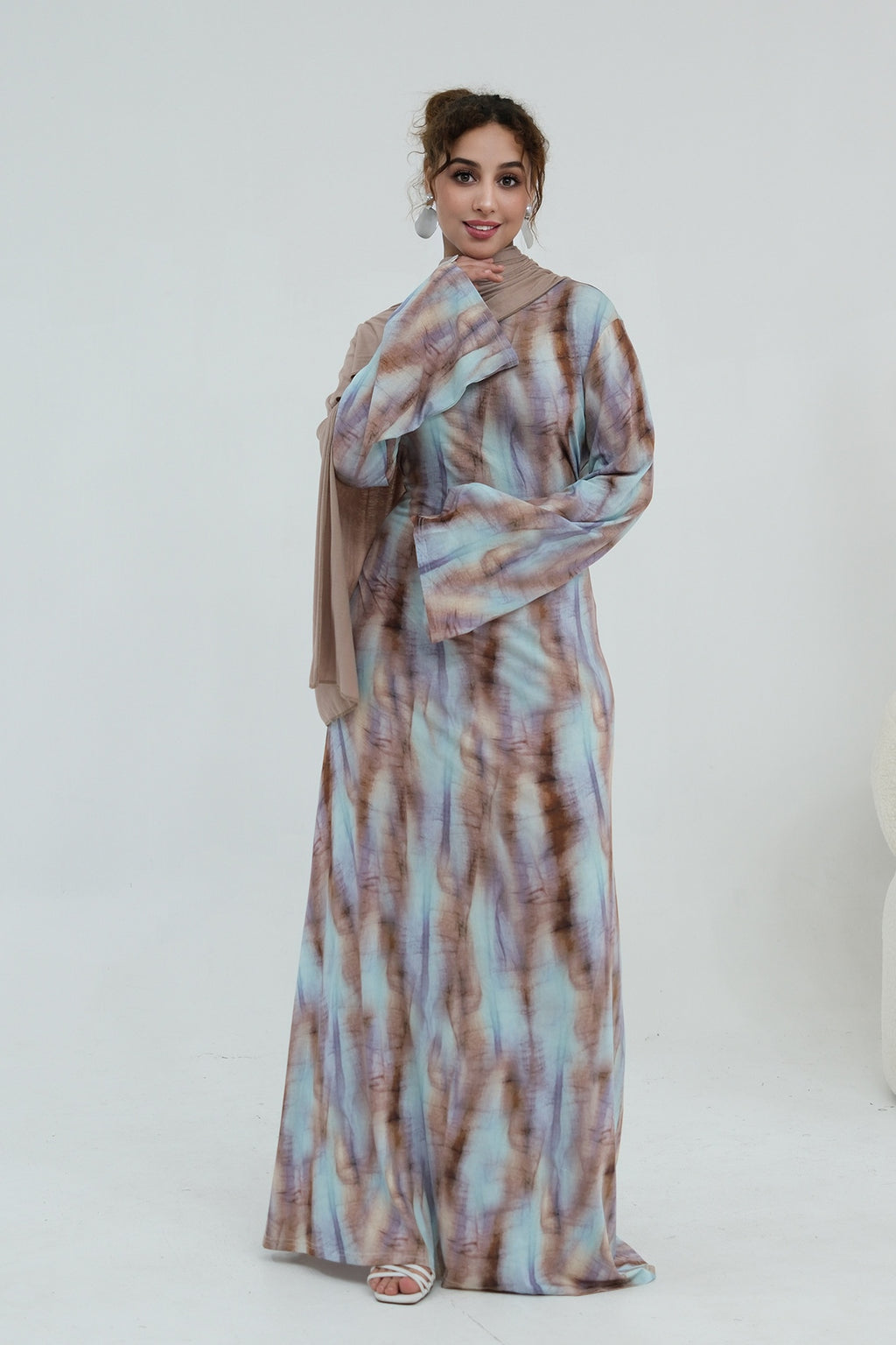 Leila Tie Dye Flare Sleeve Maxi Dress-Coffee