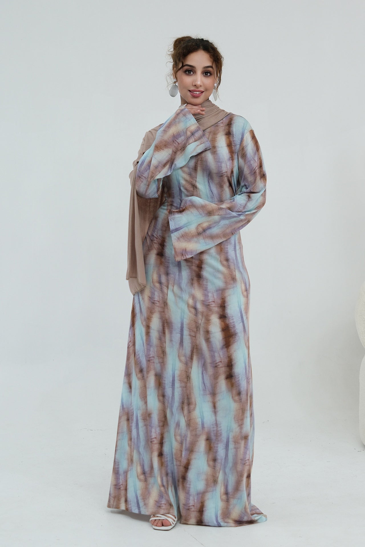 Leila Tie Dye Flare Sleeve Maxi Dress-Coffee