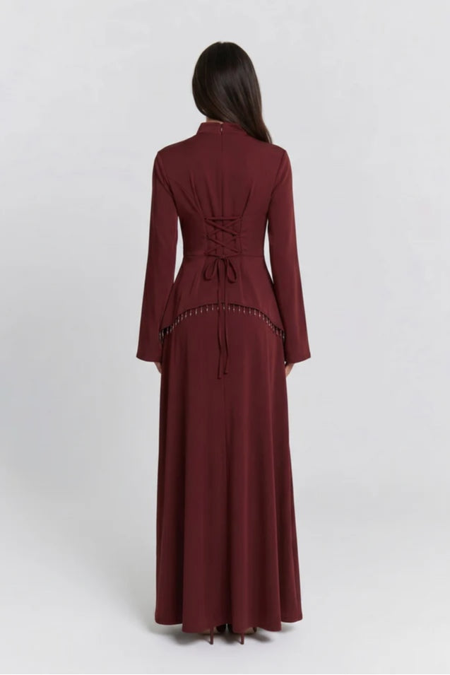 Nur V Neck Beaded Two Piece Abaya-Red
