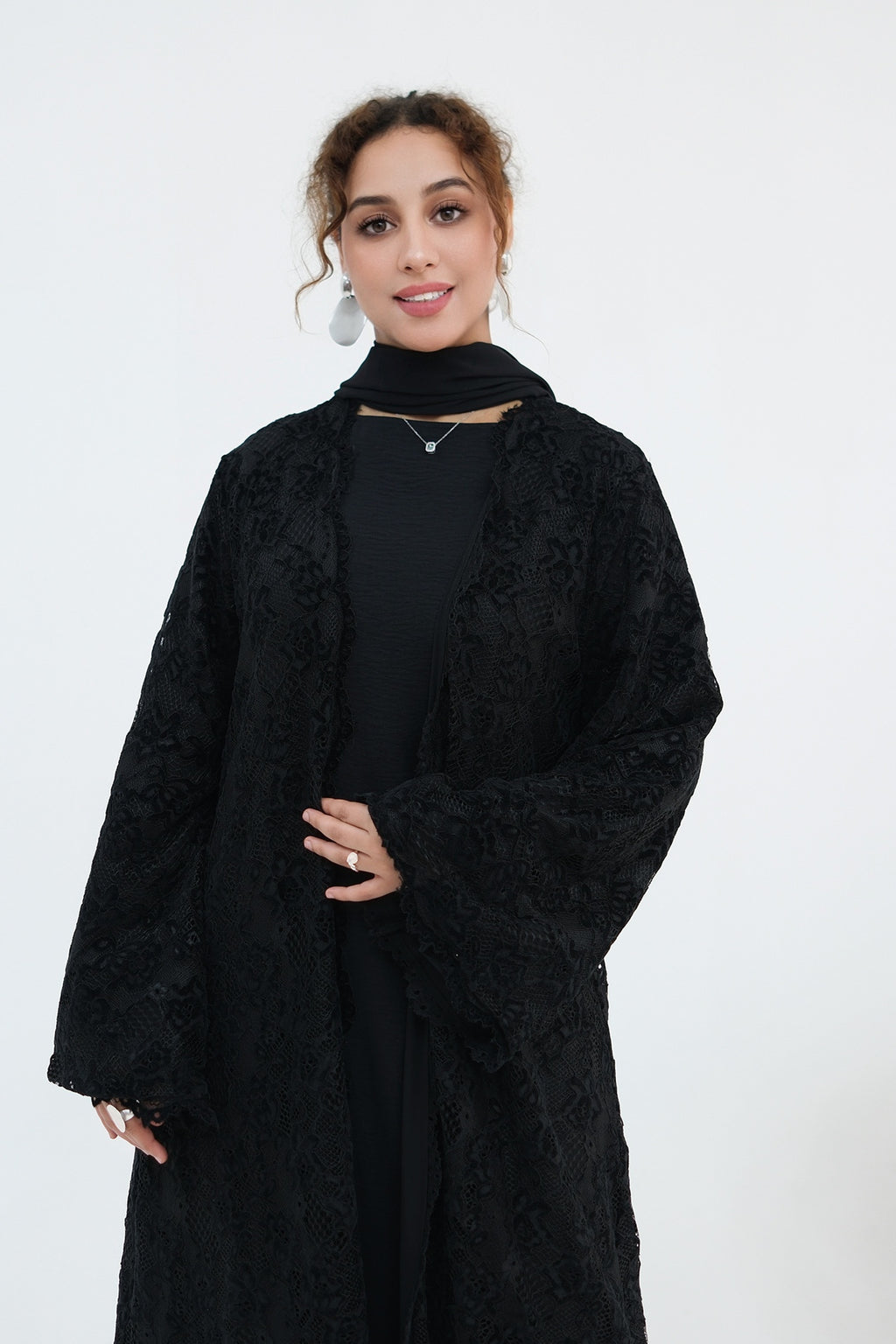 Nurul Floral Lace Open Front Long Abaya-Black