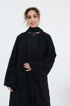 Nurul Floral Lace Open Front Long Abaya-Black
