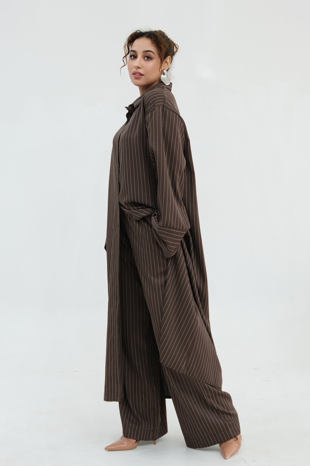 Muna Striped Shirt Long Two Piece Set-Coffee