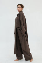 Muna Striped Shirt Long Two Piece Set-Coffee