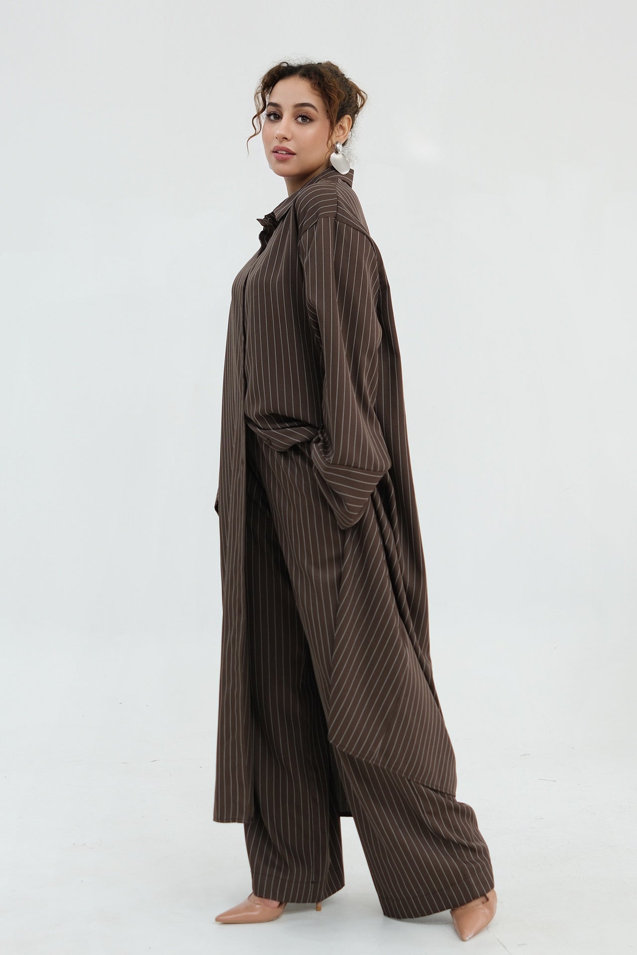 Muna Striped Shirt Long Two Piece Set-Coffee