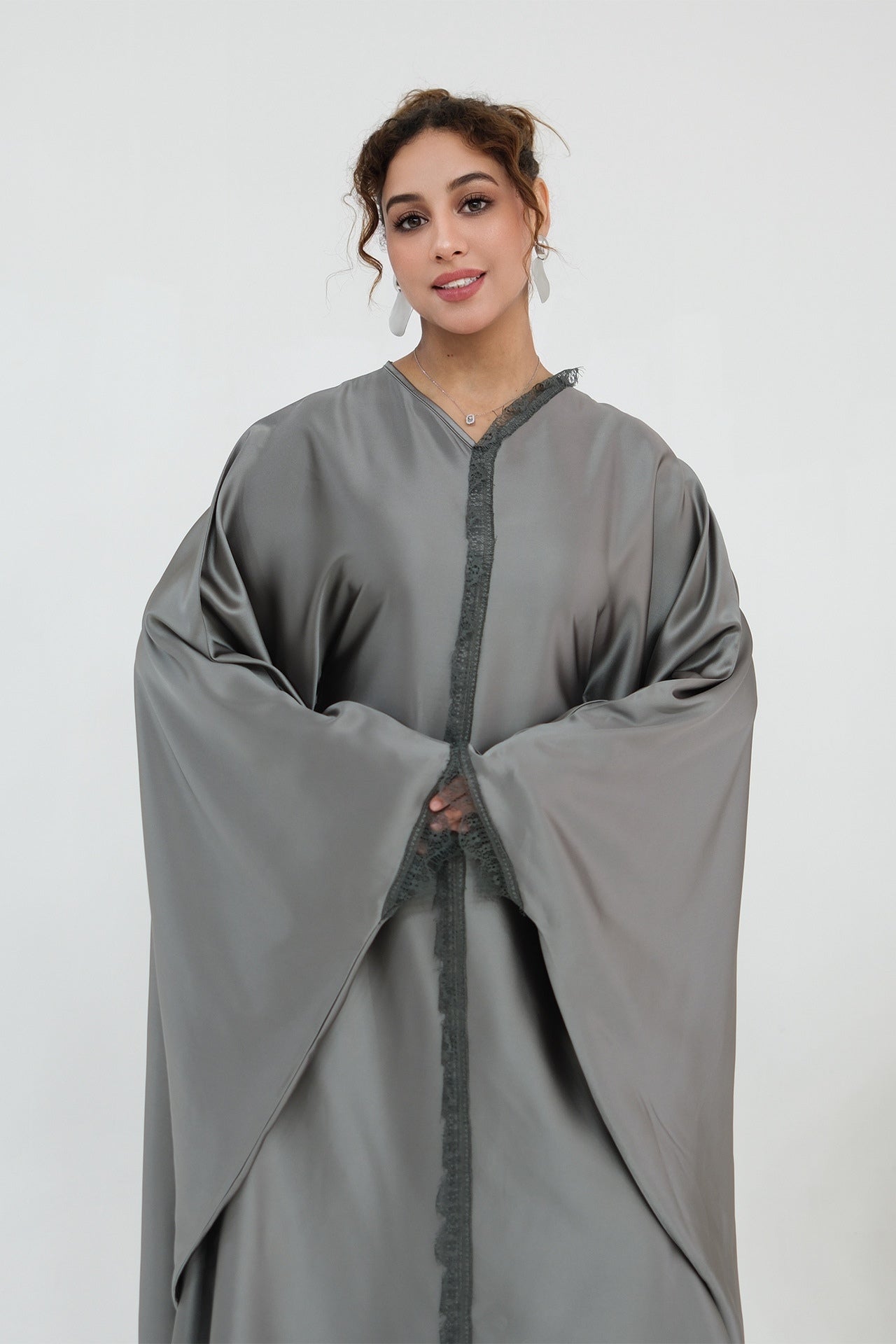 Sara Lace Trim Batwing Satin Abaya-Grey