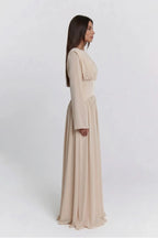 Iris Gathered Waist Flare Sleeve Maxi Dress-Apricot