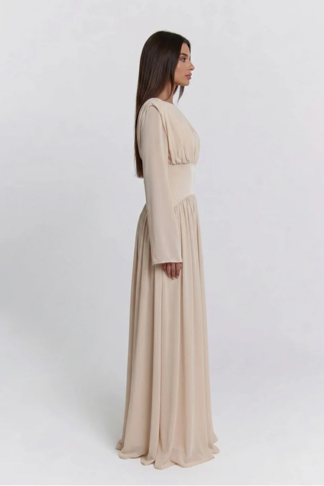 Iris Gathered Waist Flare Sleeve Maxi Dress-Apricot