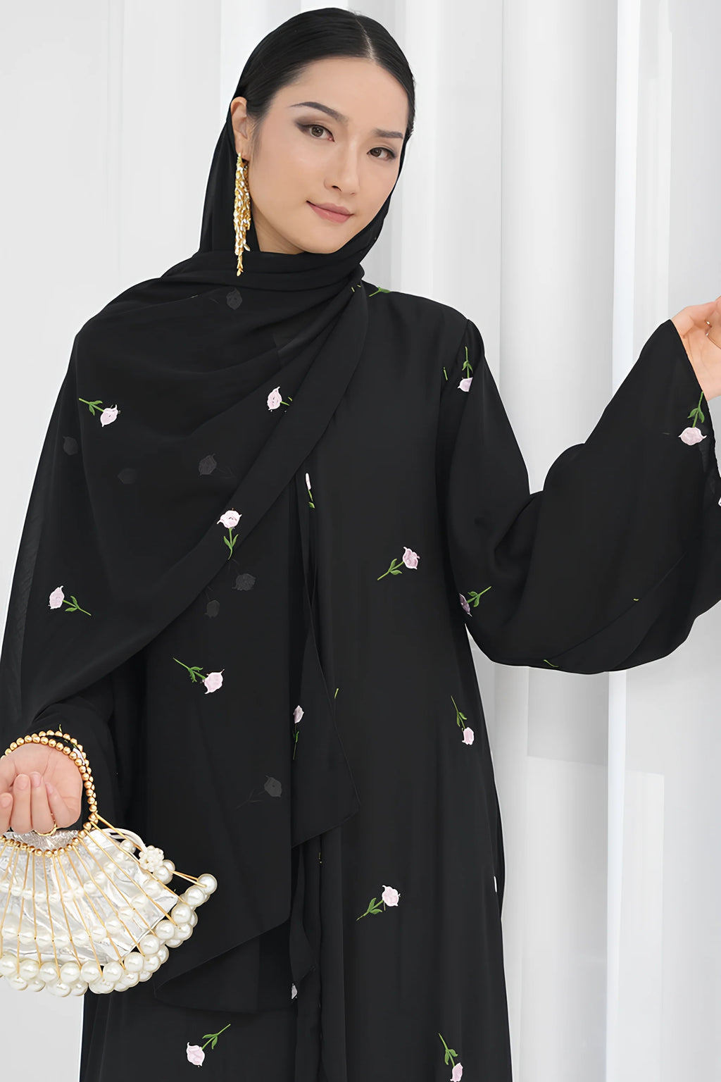 Floral Embroidered Abaya & Hijab Set-Black