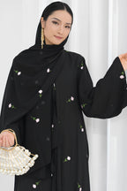 Floral Embroidered Abaya & Hijab Set-Black