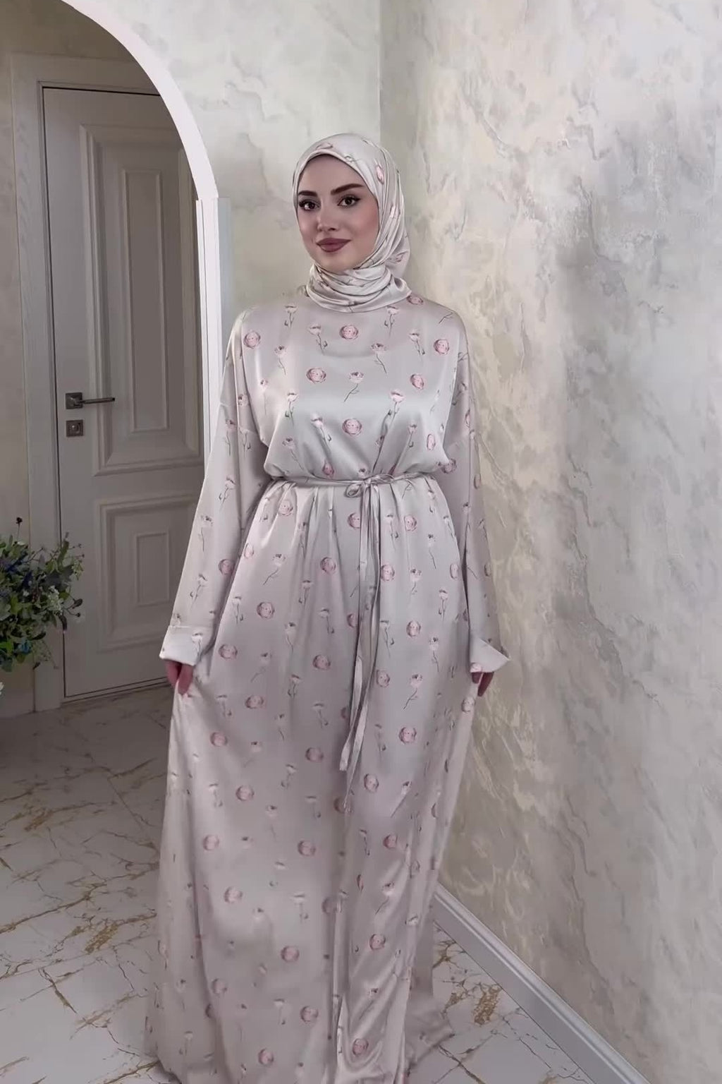 Rima Floral Print Tie Waist Abaya Hijab Set-Grey
